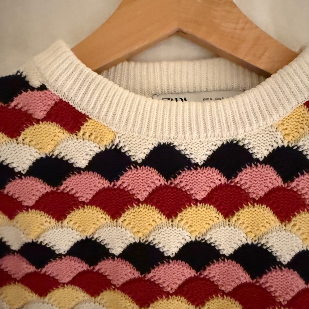 Zara Multicolor Scallop Short-Sleeve Cotton Crochet Knit Sweater Women Small - Picture 2 of 14